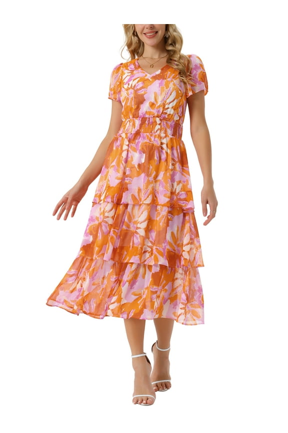 Women's Floral V Neck Short Sleeve Ruffle Tiered Layered Swing Midi Dresses M Orange