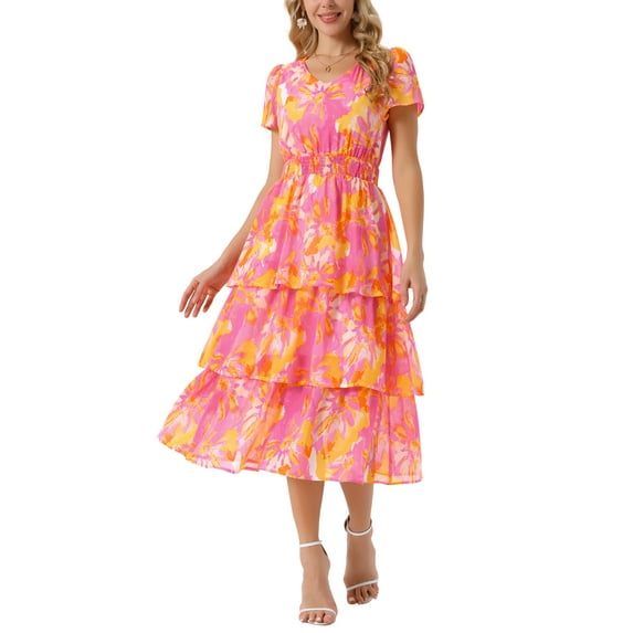 INSPIRE CHIC Women's Floral V Neck Short Sleeve Ruffle Tiered Layered Swing Midi Dresses S Hot Pink