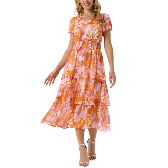 INSPIRE CHIC Women's Floral V Neck Short Sleeve Ruffle Tiered Layered Swing Midi Dresses S Orange