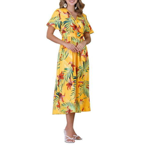 INSPIRE CHIC Women's Floral V Neck Split Hem Short Sleeve Tropical Printed Maxi Dress M Yellow