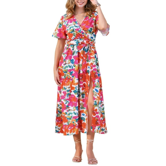 INSPIRE CHIC Women's Floral V Neck Split Hem Short Sleeve Tropical Printed Maxi Dress S White Pink