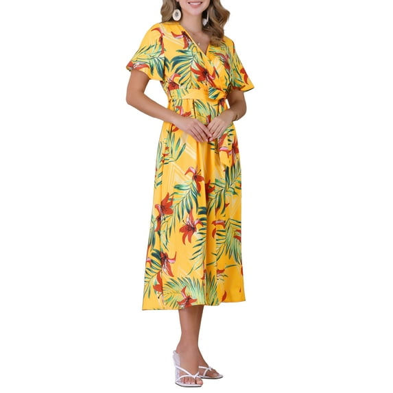 INSPIRE CHIC Women's Floral V Neck Split Hem Short Sleeve Tropical Printed Maxi Dress S Yellow