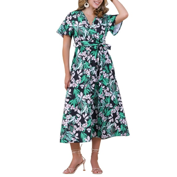 INSPIRE CHIC Women's Floral V Neck Split Hem Short Sleeve Tropical Printed Maxi Dress XL Green