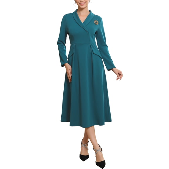INSPIRE CHIC Women's Formal Blazer Dresses Lapel Collar V Neck Long Sleeve A-Line Work Dress L Blue Green