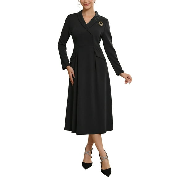 INSPIRE CHIC Women's Formal Blazer Dresses Lapel Collar V Neck Long Sleeve A-Line Work Dress S Black