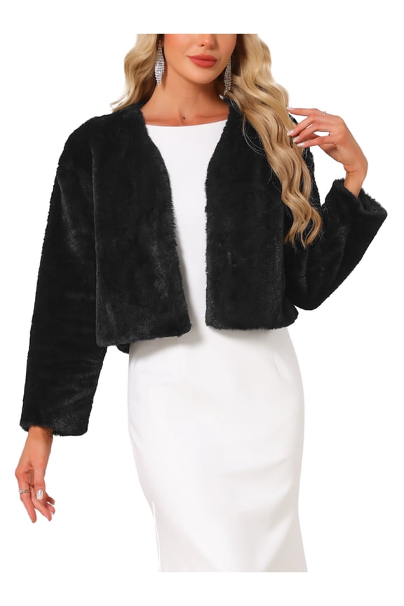 Women's Formal Bolero for Evening Dresses Cocktail Bridal Wedding Elegant Faux Fur Shrug Jacket M Black