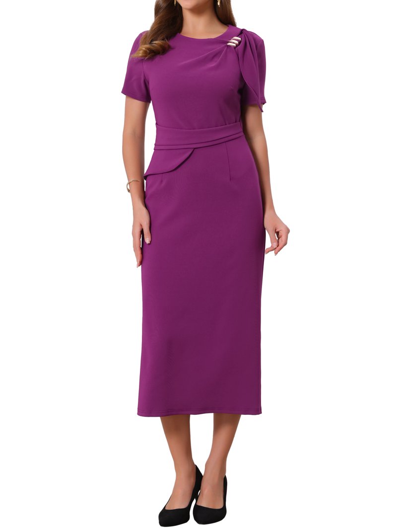 Inspire Chic Women's Formal Dress Crewneck Short Sleeve Pleated Waist Dressy Work Sheath Dresses L Purple, Size: Large, White