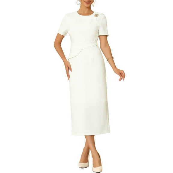 INSPIRE CHIC Women's Formal Dress Crewneck Short Sleeve Pleated Waist Dressy Work Sheath Dresses M White
