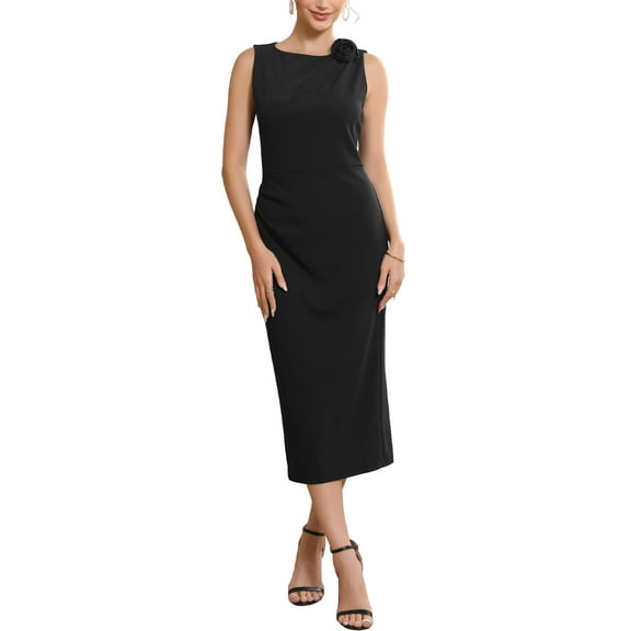 INSPIRE CHIC Women's Formal Dress Crewneck Sleeveless Ruched Cocktail Midi Evening Dresses 2XL Black