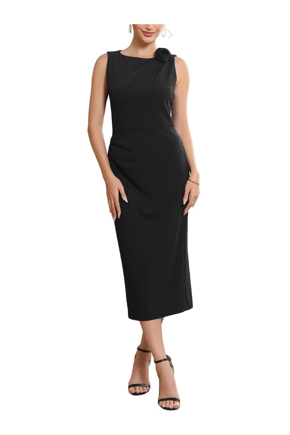 Women's Formal Dress Crewneck Sleeveless Ruched Cocktail Midi Evening Dresses M Black