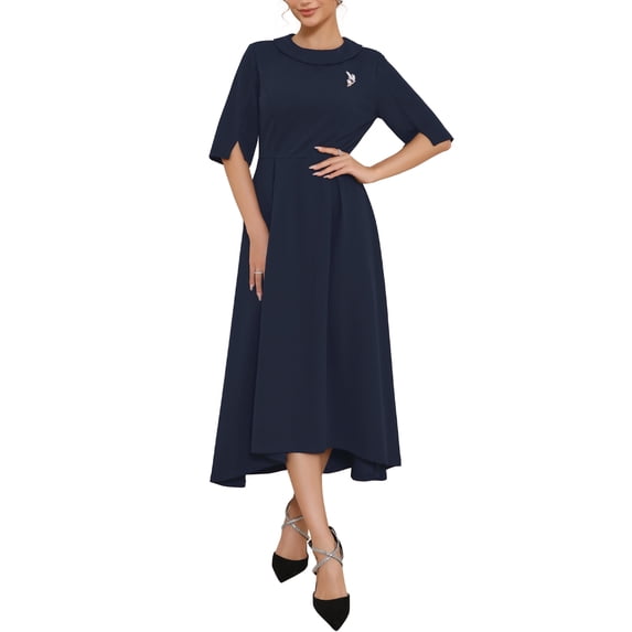 INSPIRE CHIC Women's Formal Dress Vintage Collared Half Sleeve Church Evening A-Line Dresses 2XL Dark Blue