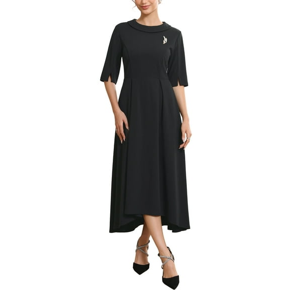 INSPIRE CHIC Women's Formal Dress Vintage Collared Half Sleeve Church Evening A-Line Dresses XL Black