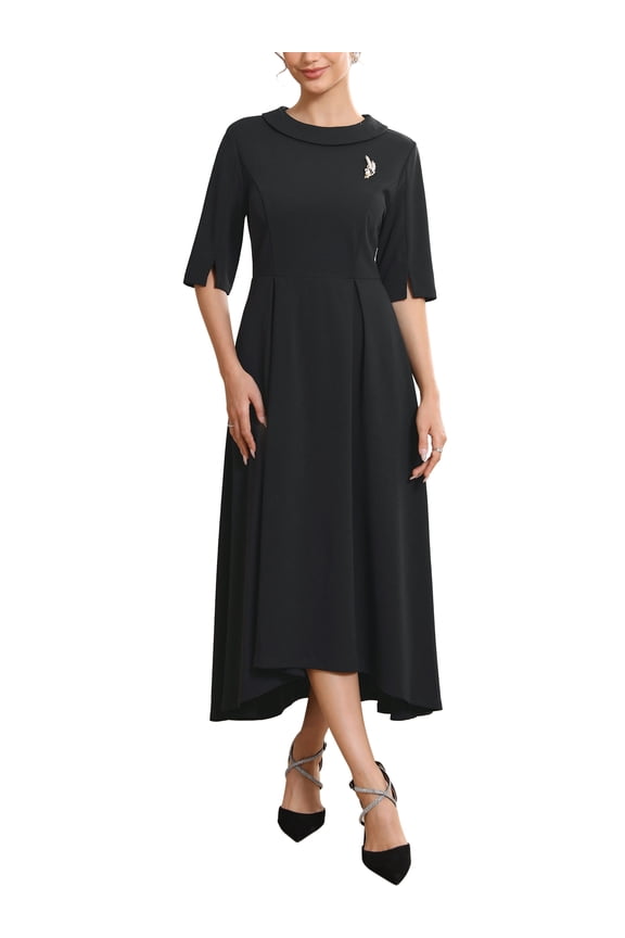 Women's Formal Dress Vintage Collared Half Sleeve Church Evening A-Line Dresses XL Black