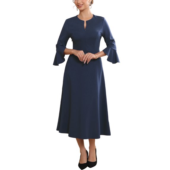 INSPIRE CHIC Women's Formal Dress Zipper Front Bell Sleeves Business Office Midi A-Line Dresses M Dark Blue