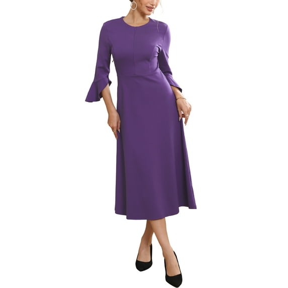 INSPIRE CHIC Women's Formal Dress Zipper Front Bell Sleeves Business Office Midi A-Line Dresses M Purple