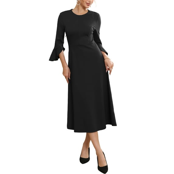 INSPIRE CHIC Women's Formal Dress Zipper Front Bell Sleeves Business Office Midi A-Line Dresses S Black