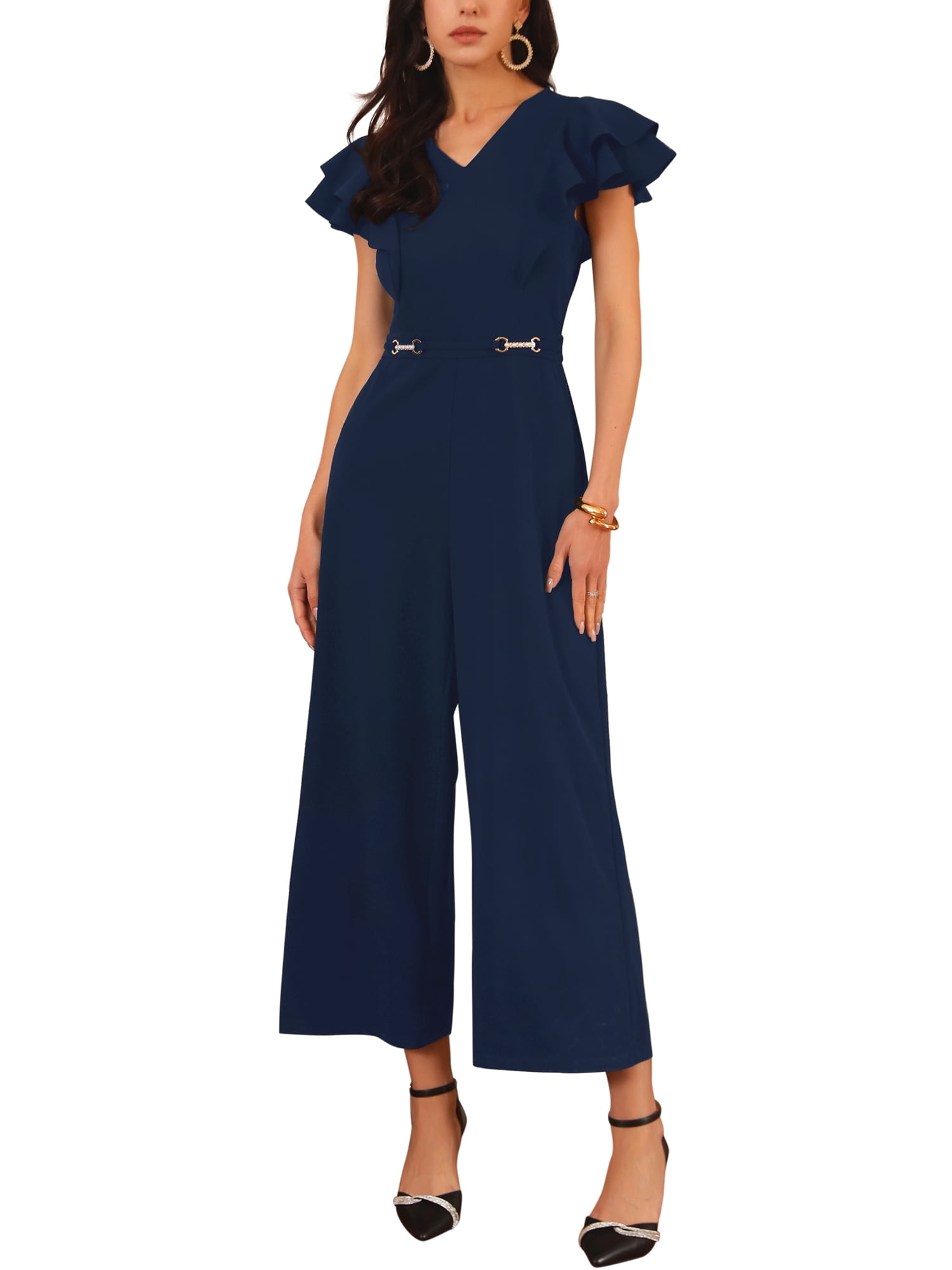 navy blue dress jumpsuits Navy Blue Satin Jumpsuit for Women, Wide Leg Sleeveless Overalls, Elegant Party Jumpsuit, Bridesmaid Romper with Pockets