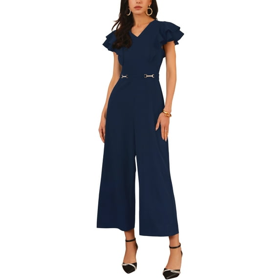 INSPIRE CHIC Women's Formal Jumpsuits Ruffled Sleeve High Waist V Neck Dressy Long Wide Legs Pants L Dark Blue