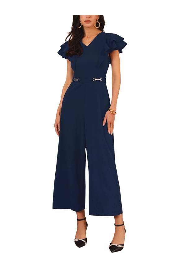 Women's Formal Jumpsuits Ruffled Sleeve High Waist V Neck Dressy Long Wide Legs Pants S Dark Blue