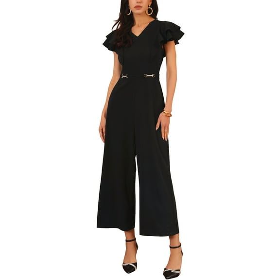 INSPIRE CHIC Women's Formal Jumpsuits Ruffled Sleeve High Waist V Neck Dressy Long Wide Legs Pants XL Black