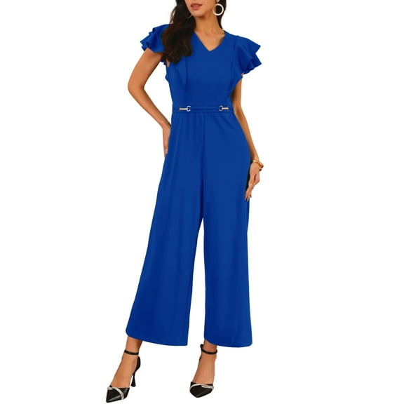 INSPIRE CHIC Women's Formal Jumpsuits Ruffled Sleeve High Waist V Neck Dressy Long Wide Legs Pants XL Royal Blue
