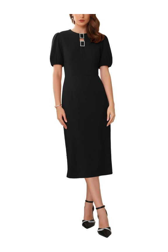Women's Formal Sheath Dress Puff Sleeve Keyhole Round Neck Elegant Business Midi Pencil Dresses L Black