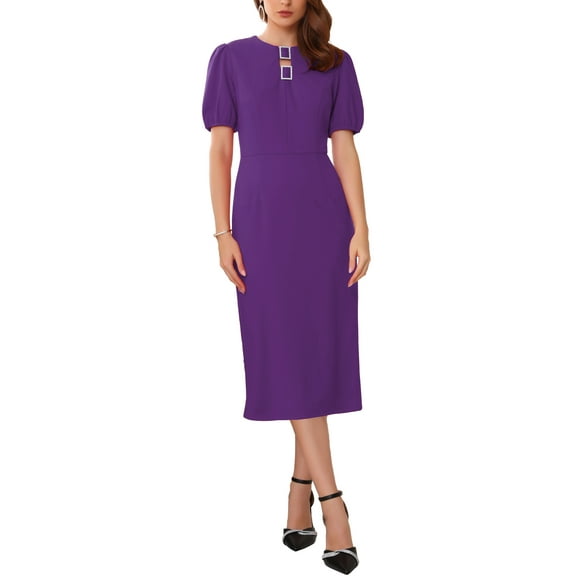 INSPIRE CHIC Women's Formal Sheath Dress Puff Sleeve Keyhole Round Neck Elegant Business Midi Pencil Dresses S Purple