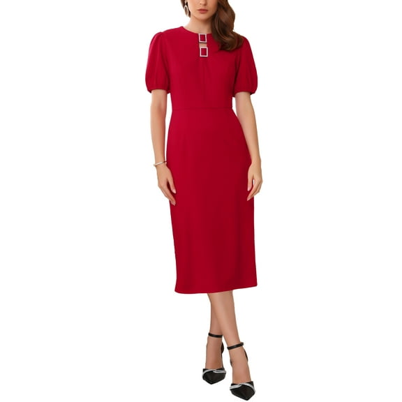 INSPIRE CHIC Women's Formal Sheath Dress Puff Sleeve Keyhole Round Neck Elegant Business Midi Pencil Dresses S Red