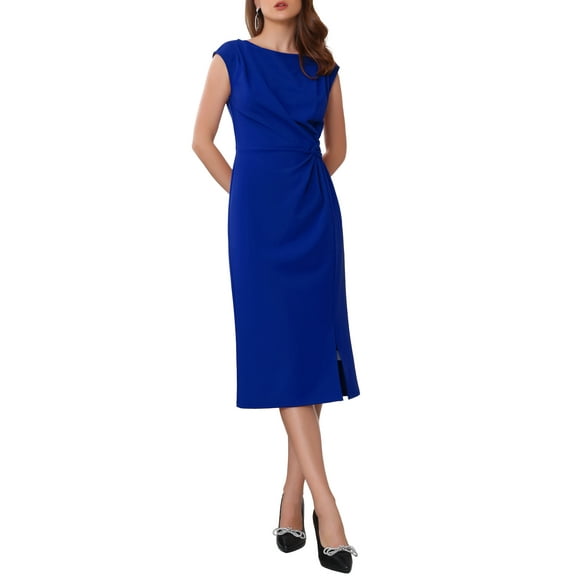 INSPIRE CHIC Women's Formal Sheath Dress Ruched Boat Neck Cap Sleeve Elegant Work Office Dresses S Royal Blue