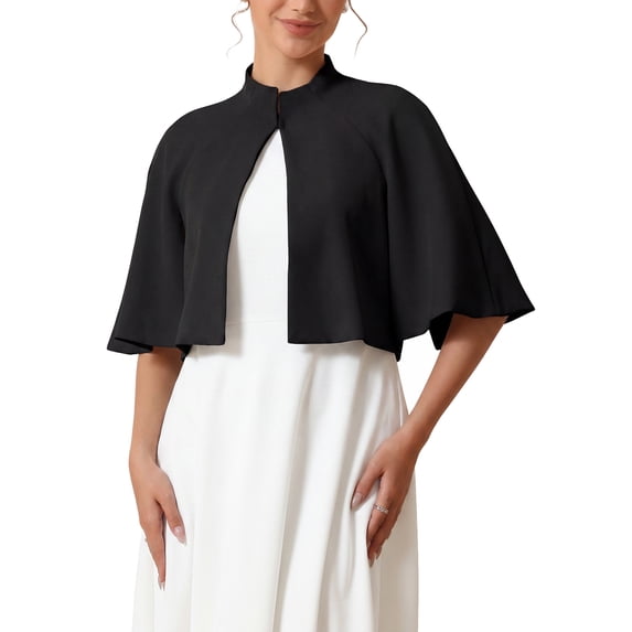 INSPIRE CHIC Women's Formal Shrug Crewneck Split Short Sleeve Evening Cocktail Cape Blazer S Black