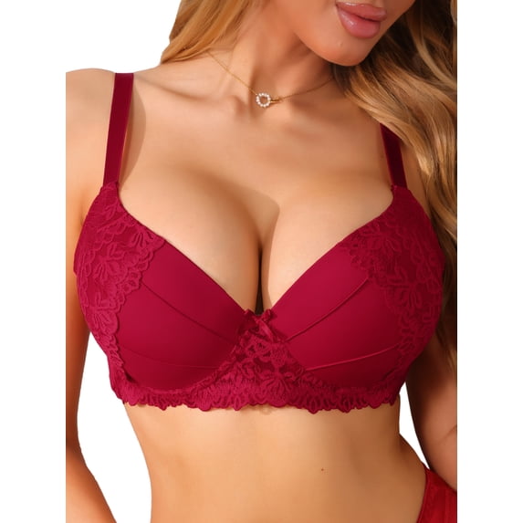 INSPIRE CHIC Women's French Plunge Lace Push Up Underwire Anti-Sagging Bra Fixed Cup Adjustable Straps Lingerie B 40 Red