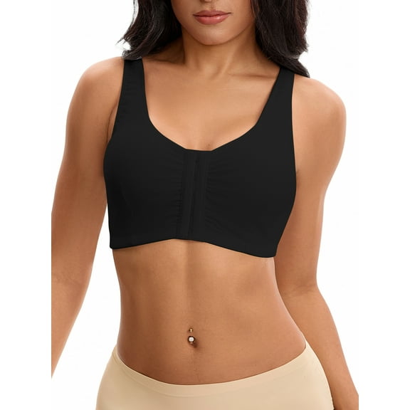 INSPIRE CHIC Women's Front Closure Adjustable Strap Wirefree Full Coverage Soft Workout Bras M Black