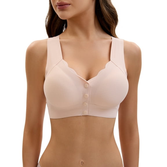 INSPIRE CHIC Women's Front Closure Full Coverage Vest Wirefree Wave Trim U Back Soft Bras 4X-Large Beige
