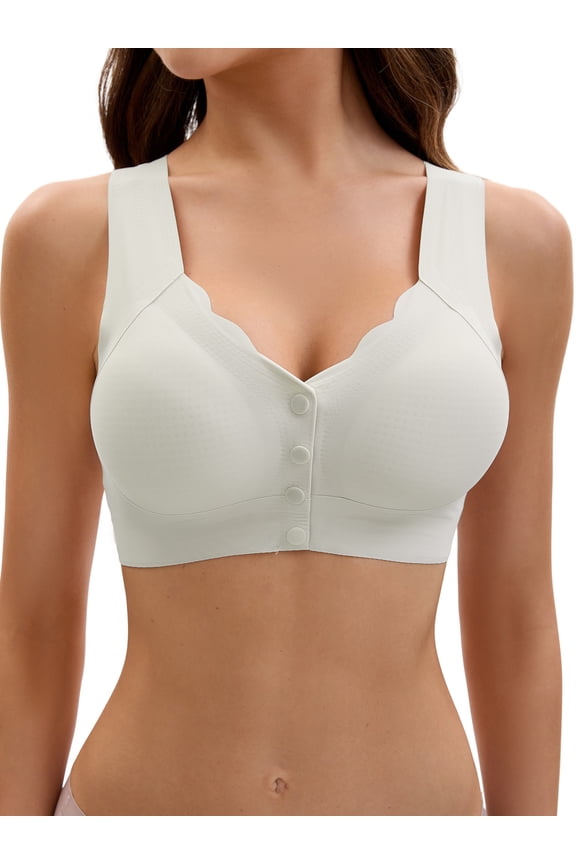 Women's Front Closure Full Coverage Vest Wirefree Wave Trim U Back Soft Bras 4X-Large Light Grey