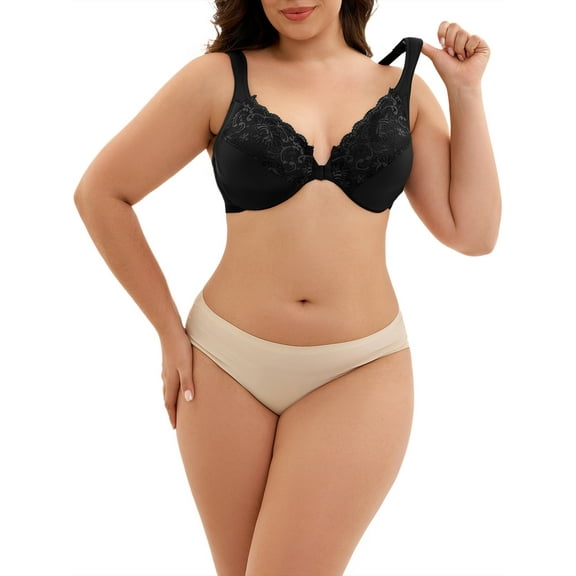 INSPIRE CHIC Women's Front Closure Lace Trim Underwire Plunge Bras Plus Size Adjustable Straps Lingerie M Black