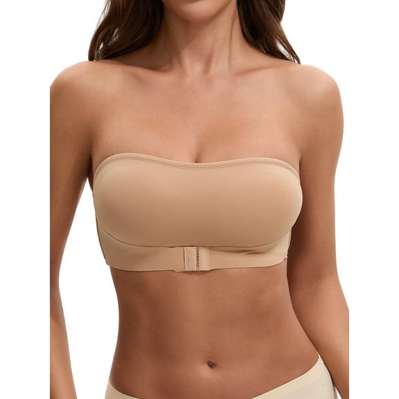 INSPIRE CHIC Women's Front Closure Strapless Wirefree Bandeau Non-Slip Tube Top Bras, Available in Plus Size L Khaki