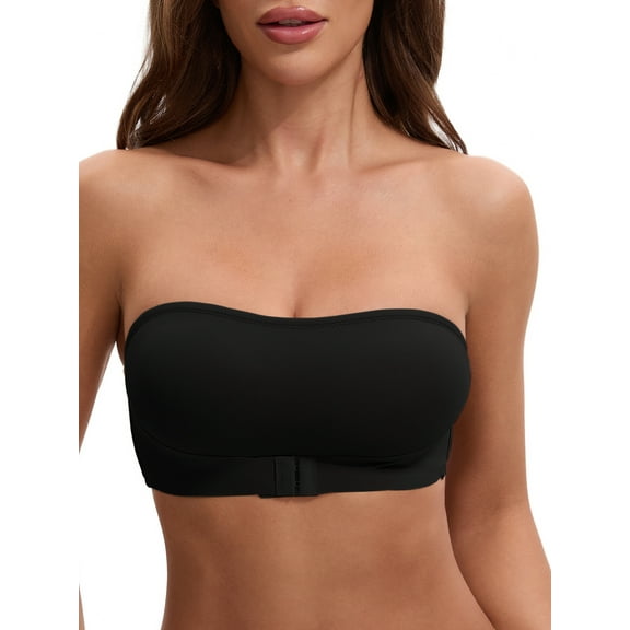 INSPIRE CHIC Women's Front Closure Strapless Wirefree Bandeau Non-Slip Tube Top Bras, Available in Plus Size S Black