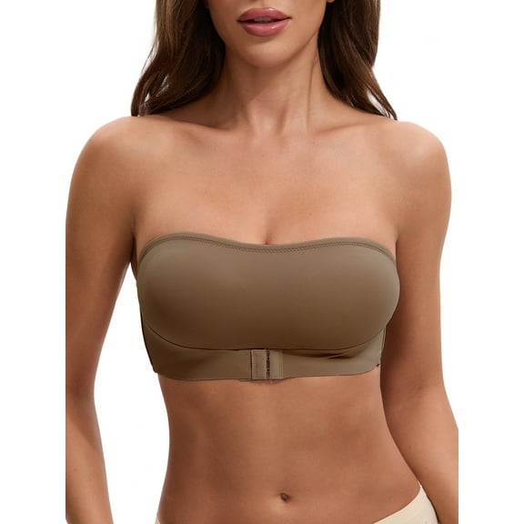 INSPIRE CHIC Women's Front Closure Strapless Wirefree Bandeau Non-Slip Tube Top Bras, Available in Plus Size XL Brown