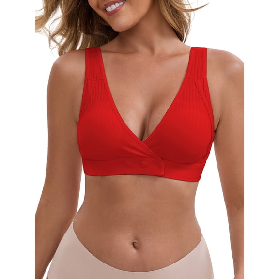INSPIRE CHIC Women's Front Closure Wireless Postpartum Breastfeeding Lingerie V-Neck Push Up Ribbed Nursing Bras M Red