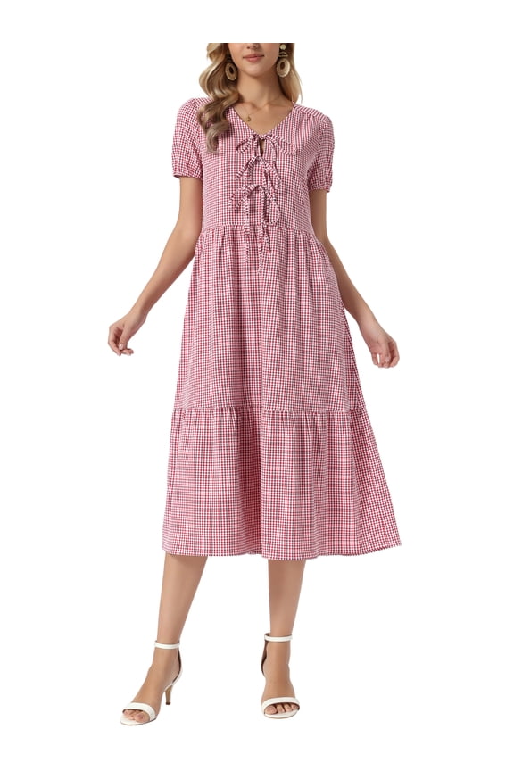 Women's Gingham Dress V Neck Short Sleeve Midi Dress XS Dark Red