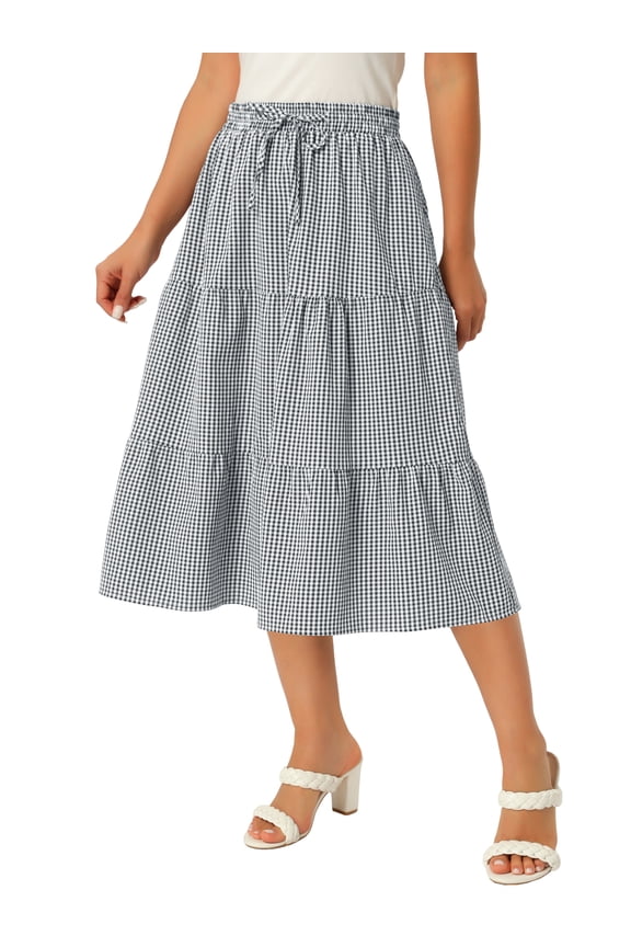 Women's Gingham Skirt Summer Casual Drawstring Waist Tiered Plaid A-Line Midi Skirts with Pockets M Black