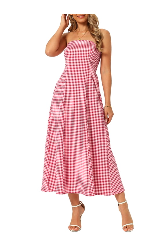 Women's Gingham Strapless Maxi Dress 2025 Casual Sleeveless Off Shoulder Smocked Beach Long Sundress M Red