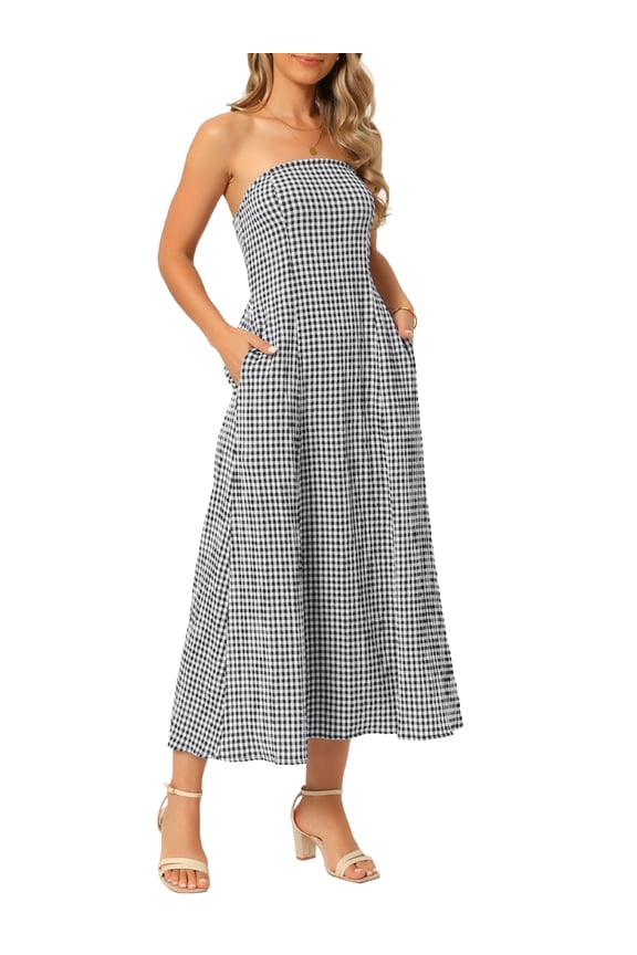 Women's Gingham Strapless Maxi Dress 2025 Casual Sleeveless Off Shoulder Smocked Beach Long Sundress S Black