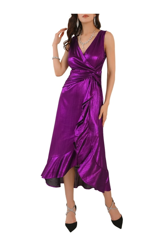 Women's Dress V Neck Sleeveless Ruffled Wrap Knot Waist Cocktail Party Maxi Dress M Purple