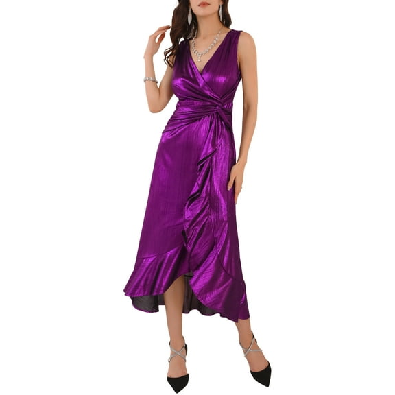 INSPIRE CHIC Women's Dress V Neck Sleeveless Ruffled Wrap Knot Waist Cocktail Party Maxi Dress S Purple