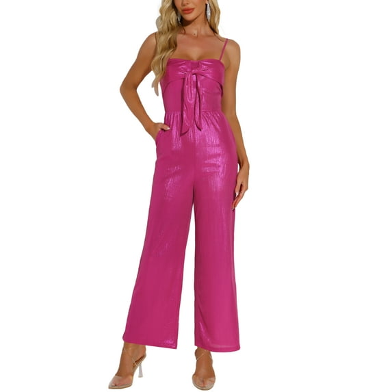 INSPIRE CHIC Women's Glitter V Neck Jumpsuit Sleeveless Party Clubwear Spaghetti Strap Cami Romper XS Hot Pink