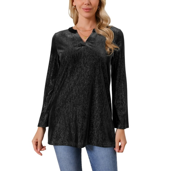 INSPIRE CHIC Women's Top Glitter Velvet V Neck Long Sleeve Metallic Tunic Blouse Loose Party Sparkle Blouse S Black