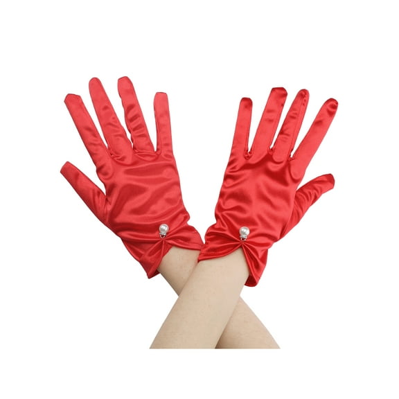 INSPIRE CHIC Women's Glove Satin Bead Decor Full Finger Wrist Length Short Gloves for Elegant Wedding Red