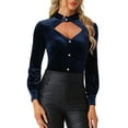 thumbnail image 1 of INSPIRE CHIC Women's Gochic Ruffled Stand Collar Cutout Long Sleeve Velvet Blouse L Dark Blue, 1 of 6