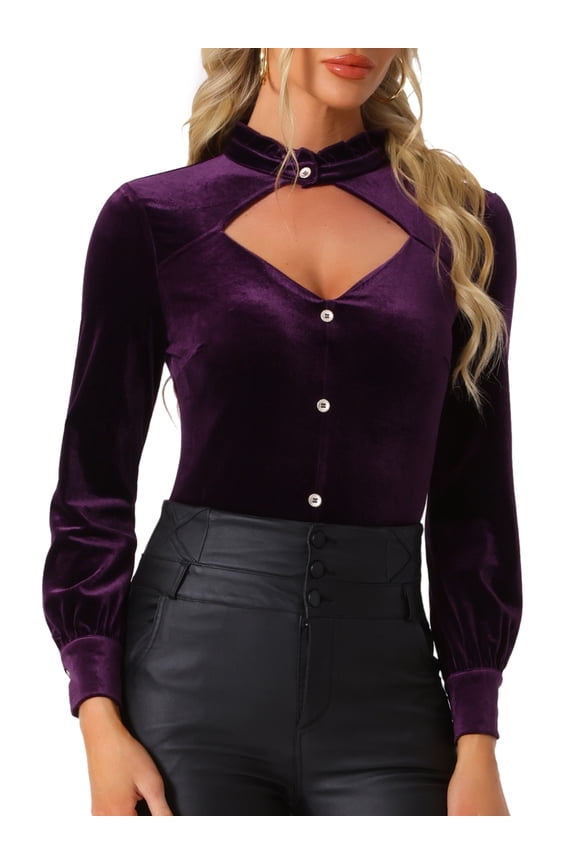 Women's Gochic Ruffled Stand Collar Cutout Long Sleeve Velvet Blouse M Plum Purple